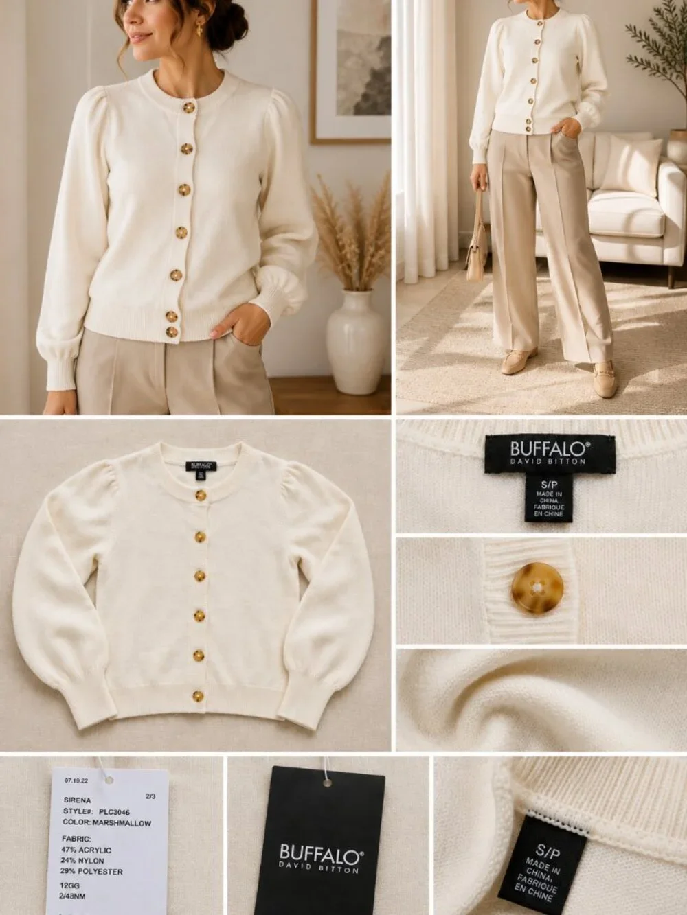 Buffalo David Bitton Cream Puff Sleeve Button Cardigan Sweater NWT Size Small - Picture 3 of 3